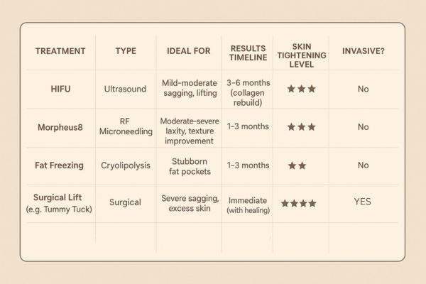 Table showing the comparisons of Skin tightening Wisbech treatment options.